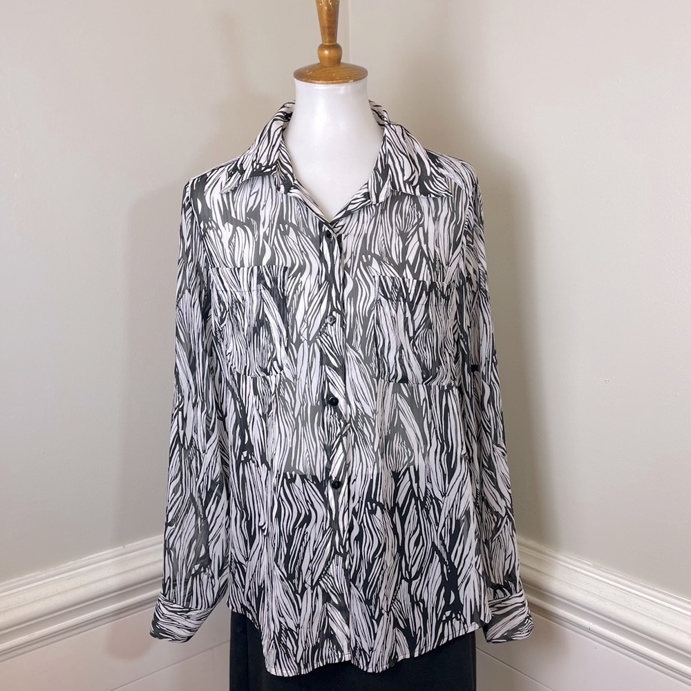 Kasper Black & White Abstract Print Tunic Top L FREE SHIP